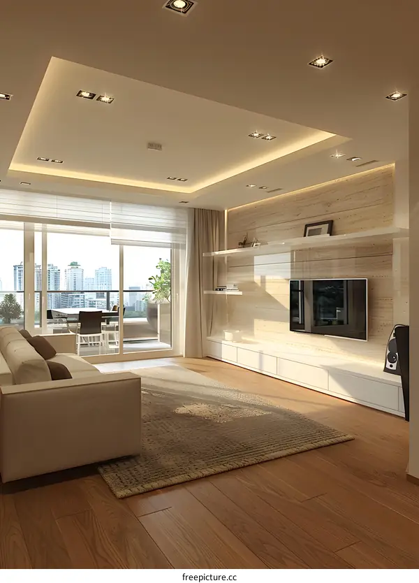 Bright modern living room interior with large windows