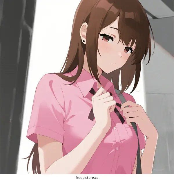 A Young Woman in Pink Shirt Adjusting Her Tie Indoors