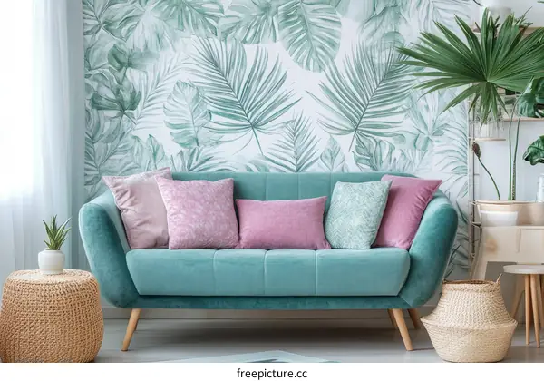 Teal Sofa with Tropical Wallpaper Living Room Design