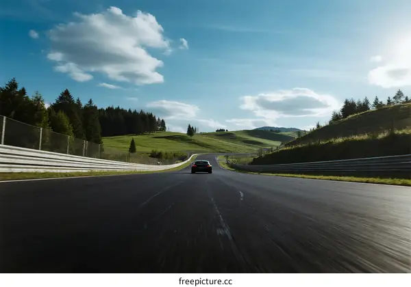 A car driving on a scenic race track under a clear blue sky