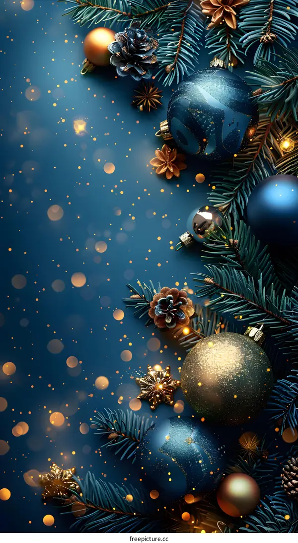 Christmas background with blue and gold ornaments