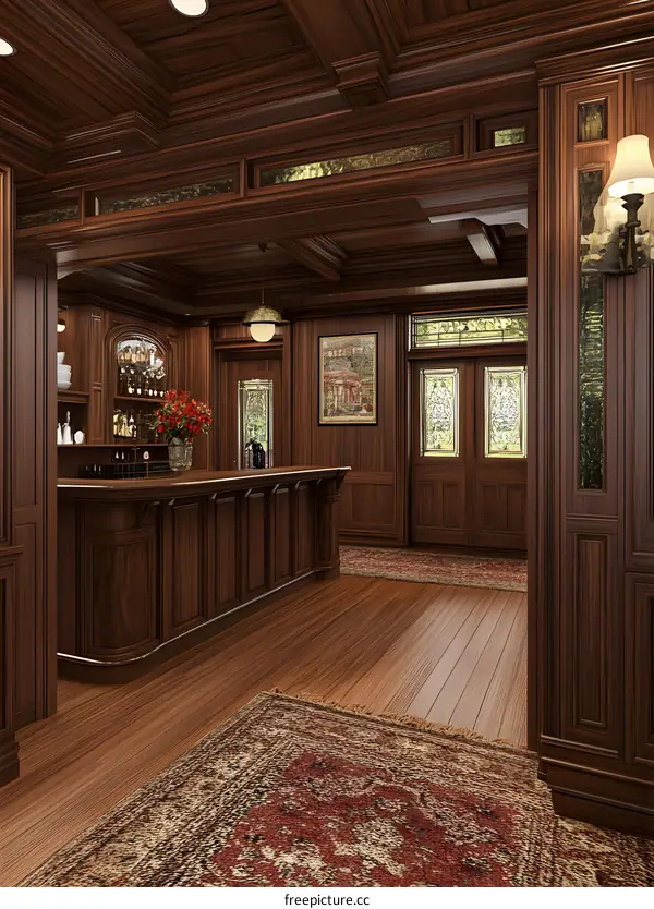 Classic Wooden Interior Design With Bar Counter And Stained Glass Doors