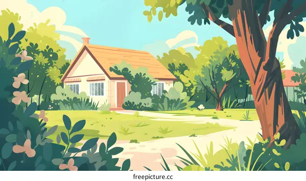 Cartoon Illustration Of A House With A Green Lawn And Trees