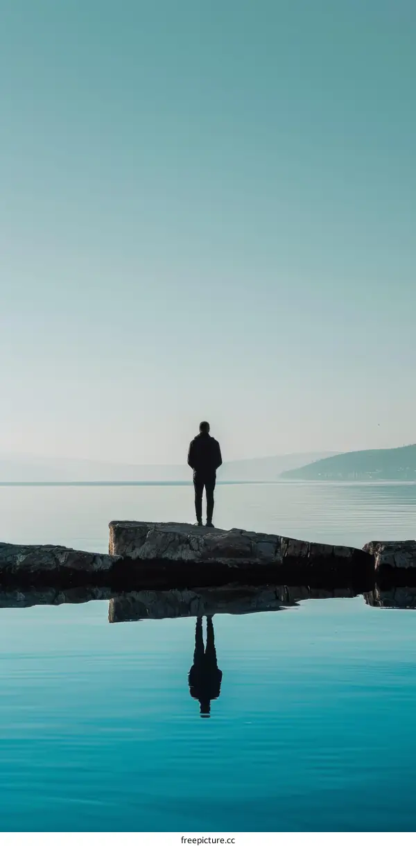 Man standing alone on a pier looking out at the ocean with a calm blue sky