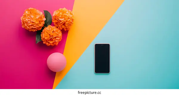 Flat Lay with Flowers, a Phone, and a Ball on a Colorful Background