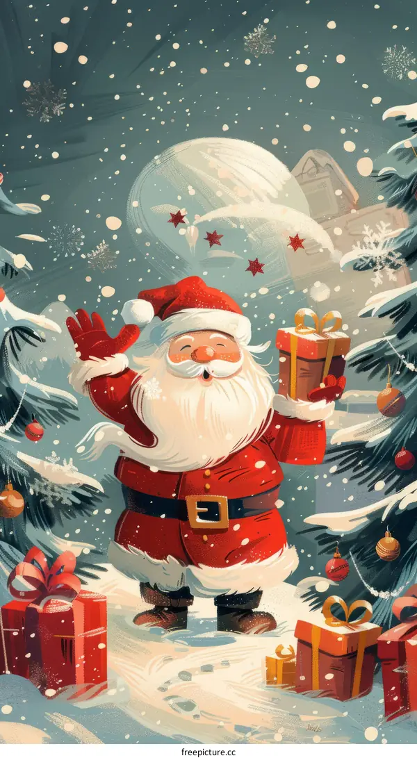 Santa Claus Stands in the Snow Forest