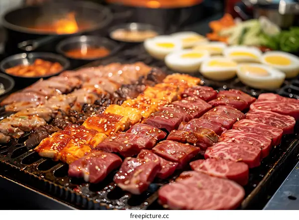 Grilled Meat, Sesame Seeds, and Marinated Meat on a Hot Plate