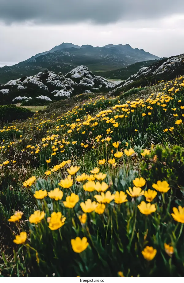 Field of Yellow Flowers and Mountains