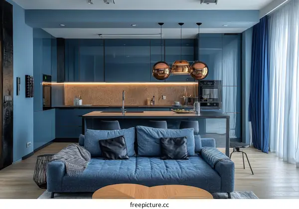 Modern Blue Living Room and Kitchen Interior Design