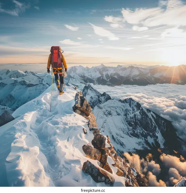 Mountaineer on the summit of a snow-capped mountain