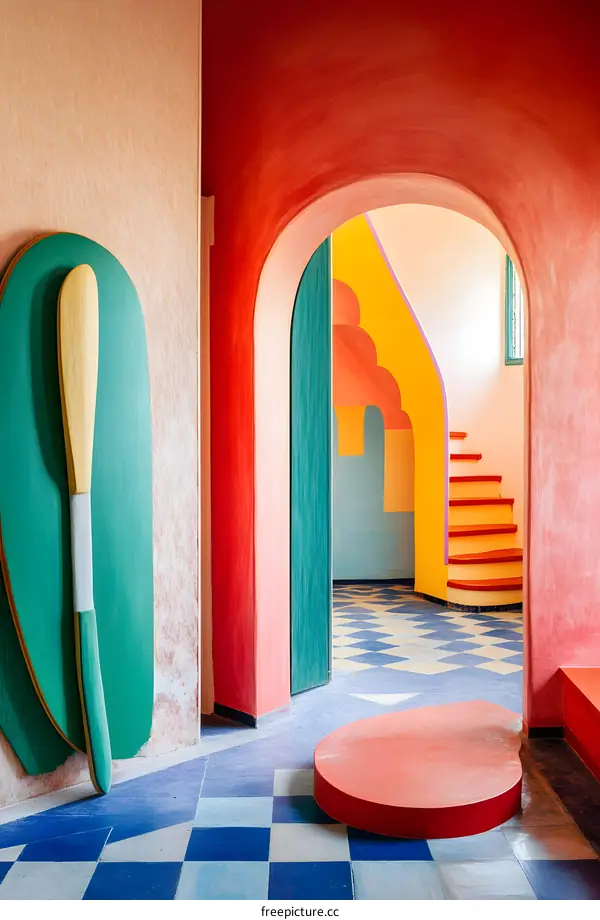 Colorful Interior Design with Abstract Wall Art and Curved Archways