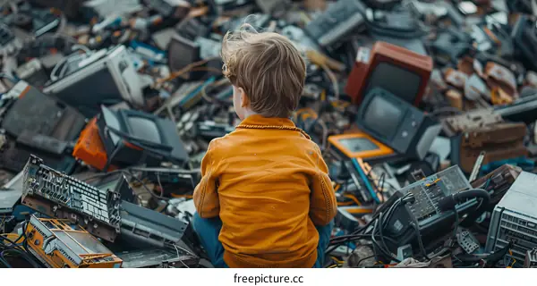 Little boy sitting on a pile of electronic waste