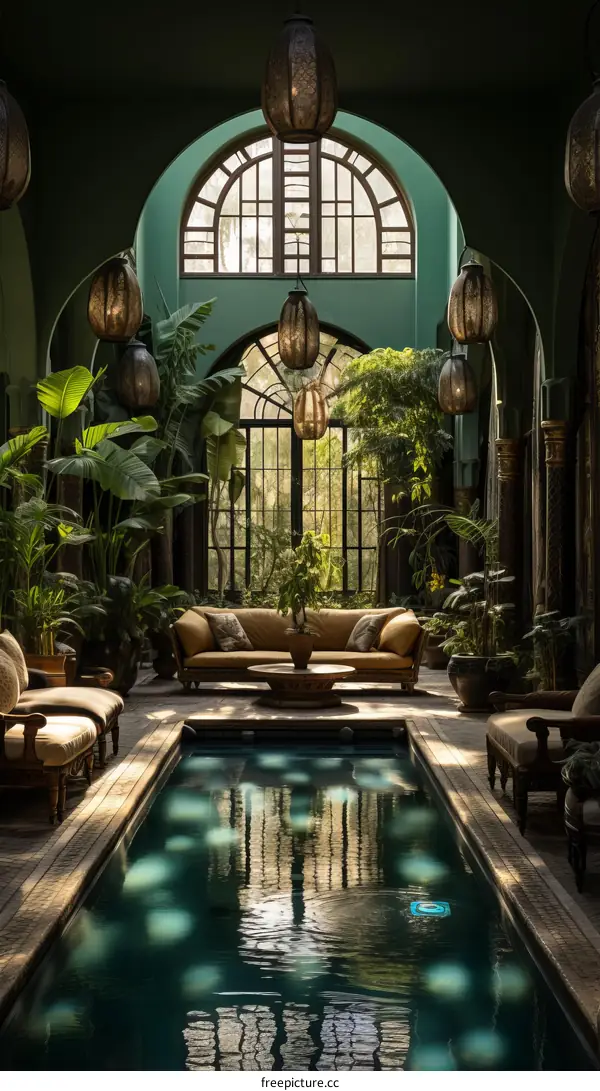 Indoor swimming pool with green walls and plants