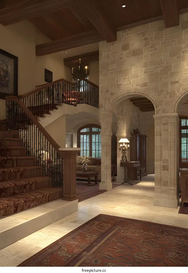 Elegant Interior Design With Arched Entryway and Staircase