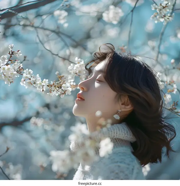 Woman with closed eyes in front of cherry blossoms
