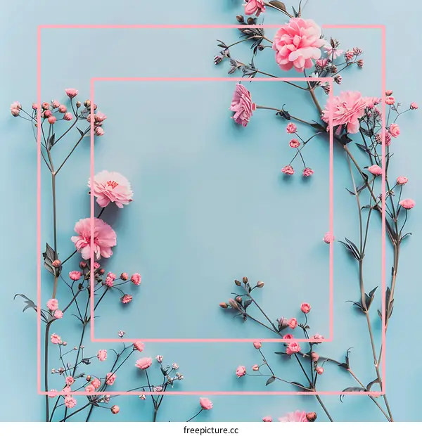 Pink Flowers Floral Frame On Blue Background
