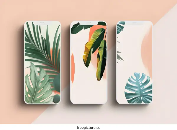 Three White Smartphones With Tropical Leaf Patterns