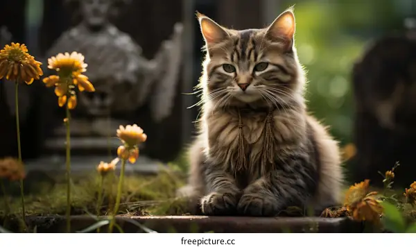 A cute cat is sitting on the ground in a garden