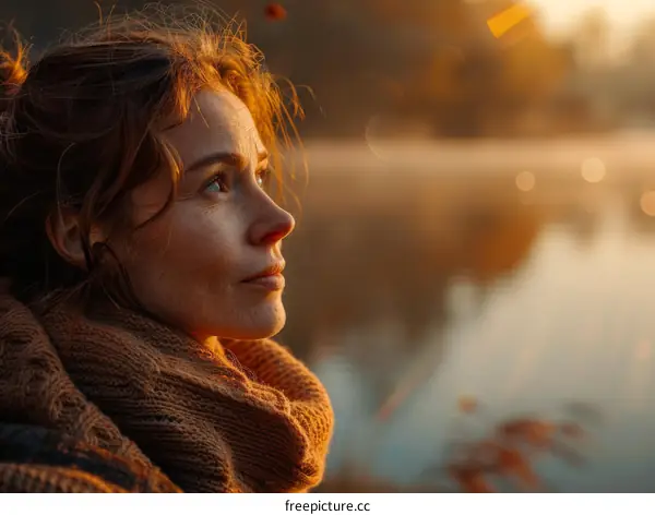 A woman standing near a lake at sunset