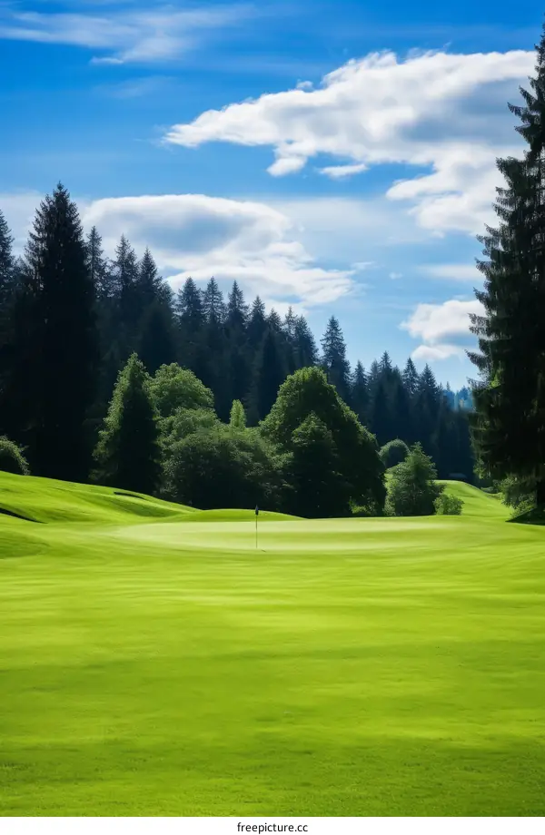 Green golf course with blue sky and trees