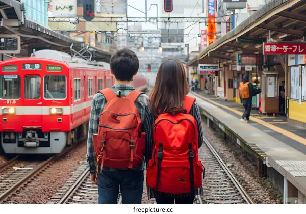 Couple Waiting for Train at Station in Japan