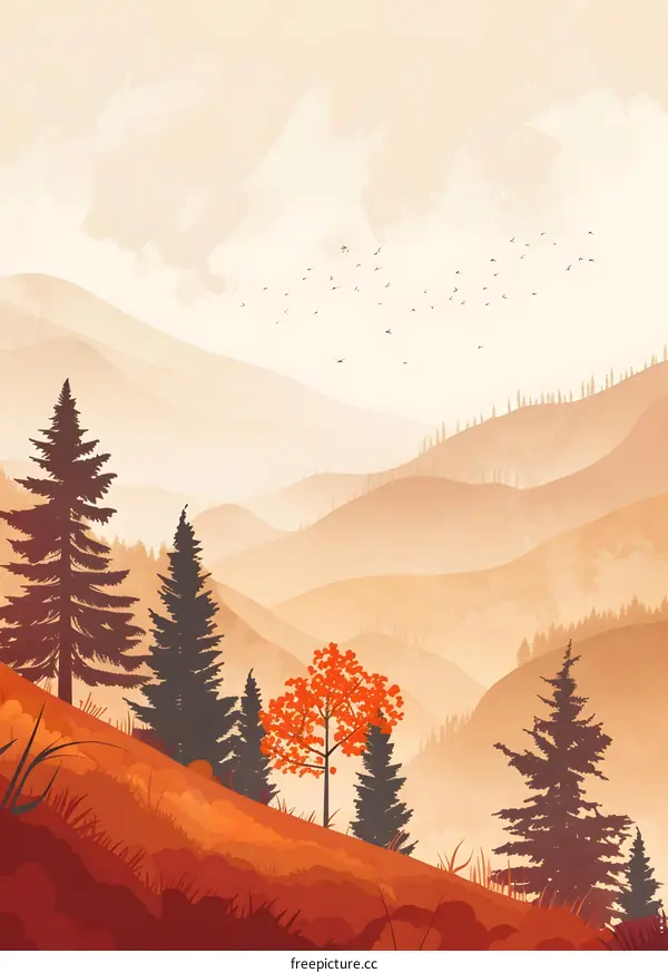 Minimalist Autumn Mountain Landscape with Birds