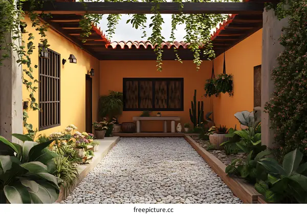 Stone Pathway Through a Tropical Courtyard