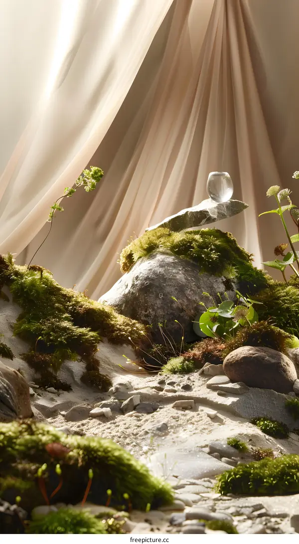 Minimalist Still Life with Glass Orb and Mossy Rocks