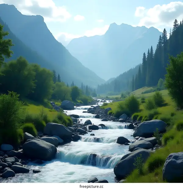 Mountain River Landscape With Lush Green Valley