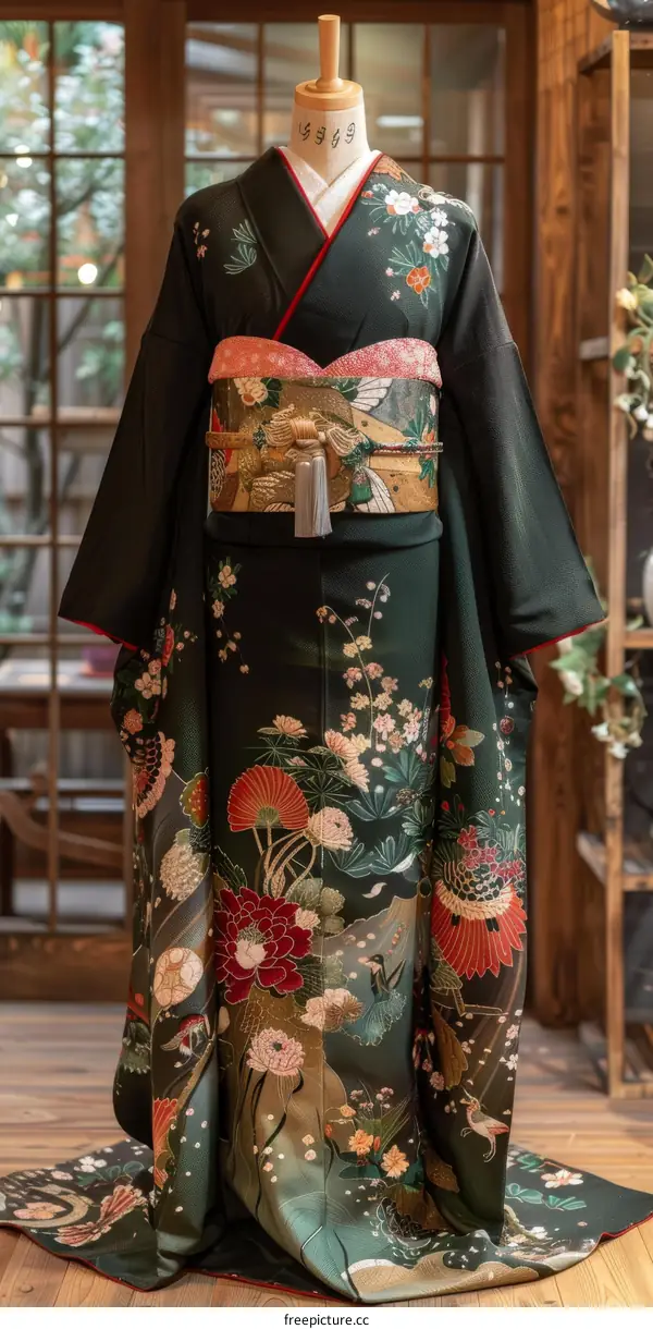 A kimono with a floral pattern and a red obi