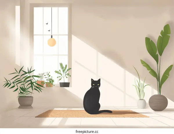 Black cat on a mat in a room with plants