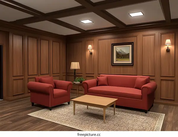 Luxury Living Room Interior Design with Red Sofa and Wooden Walls