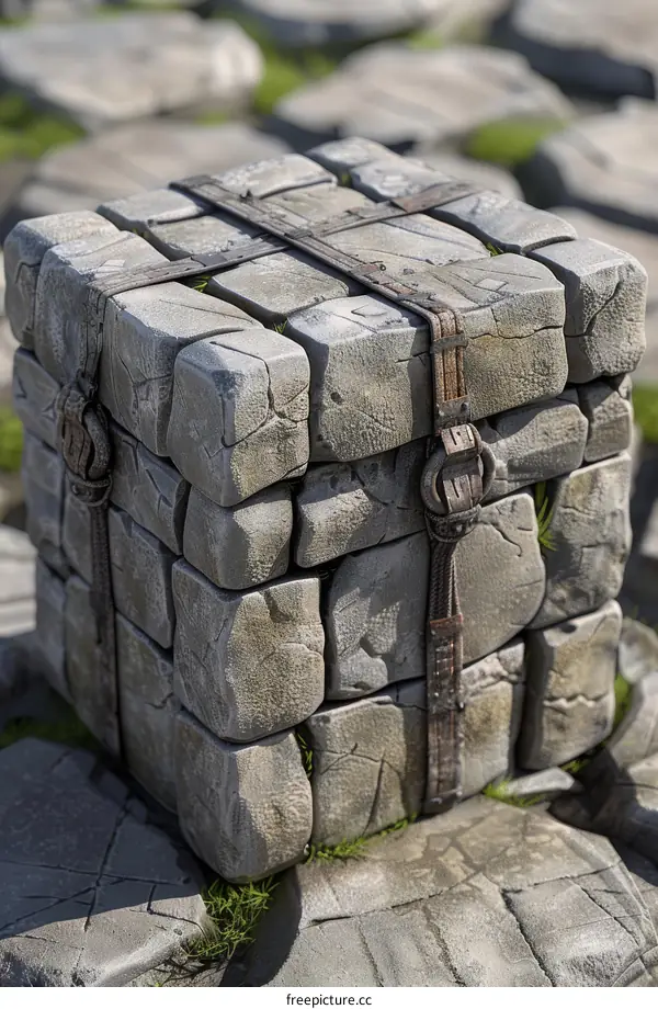 Abstract 3D Stone Cube with Metal Bands