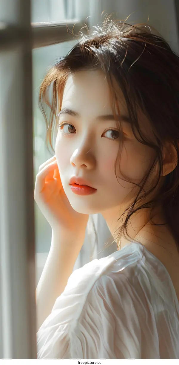 Portrait of a Young Asian Woman with Long Brown Hair Looking Out a Window