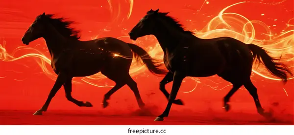 Two black horses running with fiery background in motion