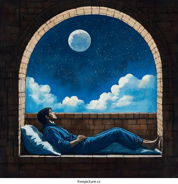 Man Lying Down Looking Up At The Stars And The Moon Through An Archway Window