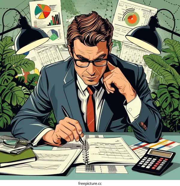 Illustration of a businessman working at his desk