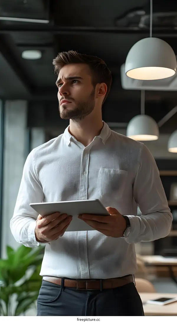 Caucasian Man Using a Tablet in a Modern Office