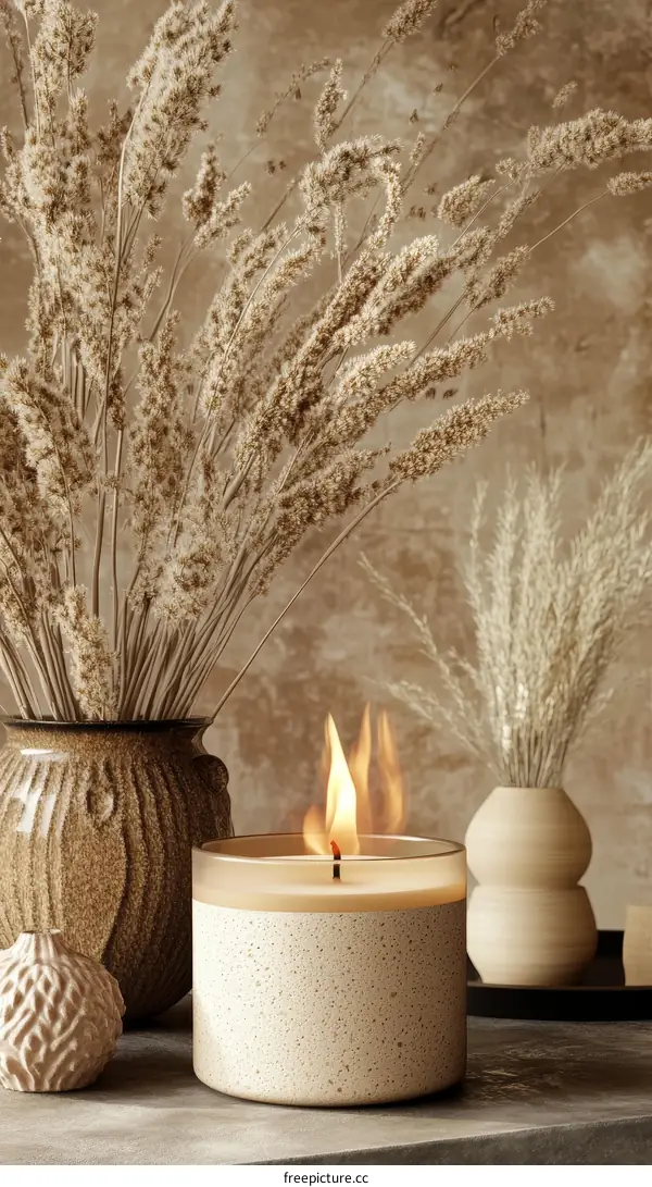 Beige Candle with Dried Plants Still Life