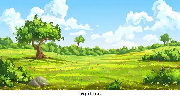 Green Field Landscape with Trees and Flowers