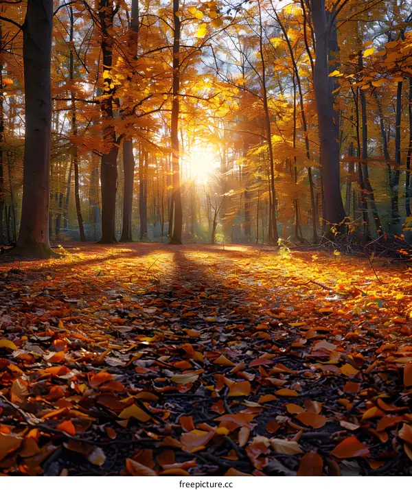 The sun shines through the colorful autumn forest