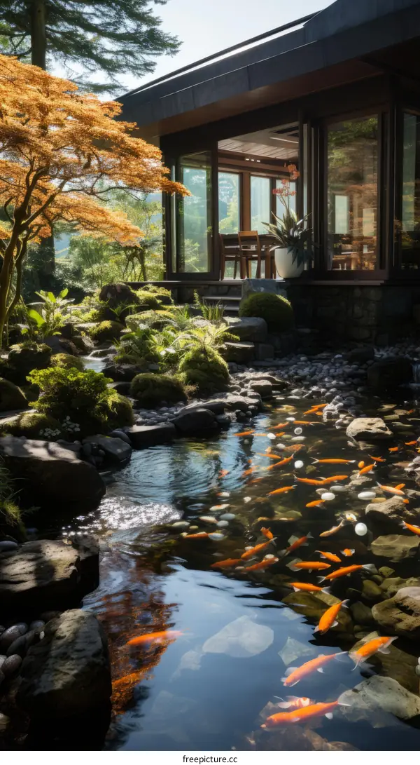 Japanese garden with a pond full of koi fish