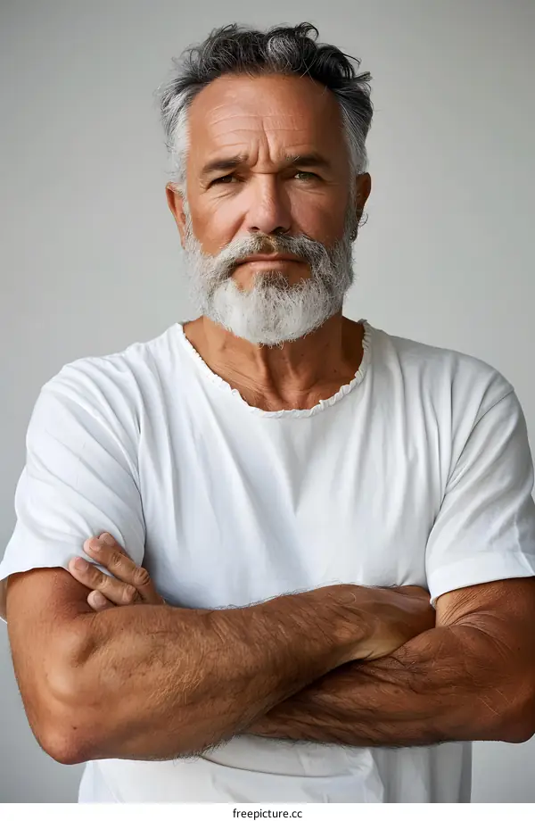 portrait of a handsome gray-haired man with crossed arms