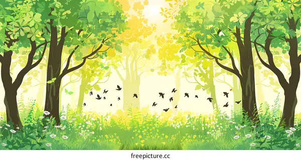 Green Forest Spring Illustration With Sun And Birds