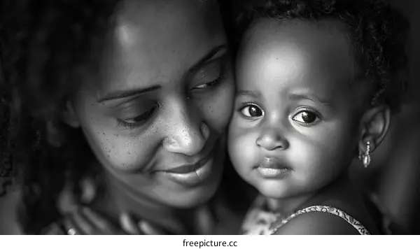 A black and white portrait of a mother and her child