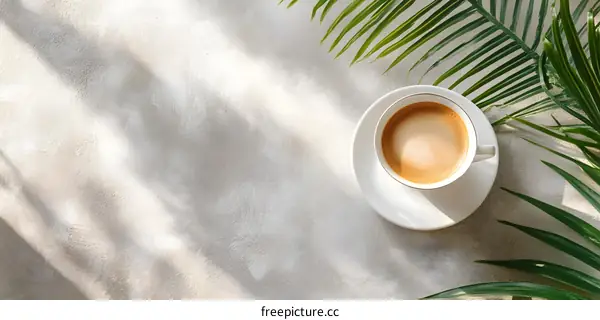 Top View of a Cup of Coffee on a Beige Background with Palm Leaves