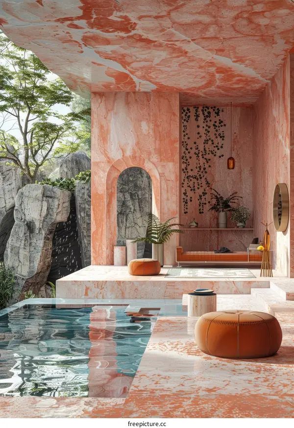 Pink Marble Poolside Relaxation Area