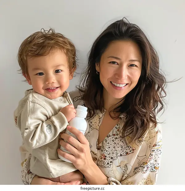 A mother is holding her baby in her arms and smiling at the camera.
