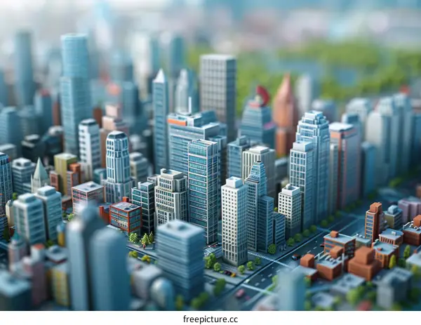 A Miniature City in Blue and Gray with Lush Green Spaces