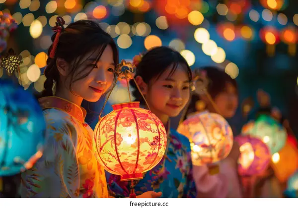Four Asian girls holding colorful lanterns at night during a festival